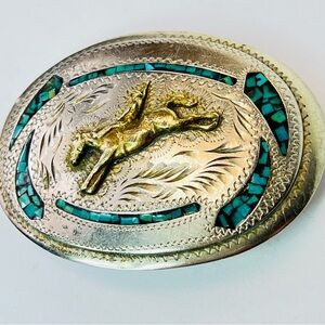 Vintage Native Turquoise Inlay Nickel Silver Bucking Bronco Belt Buckle Western